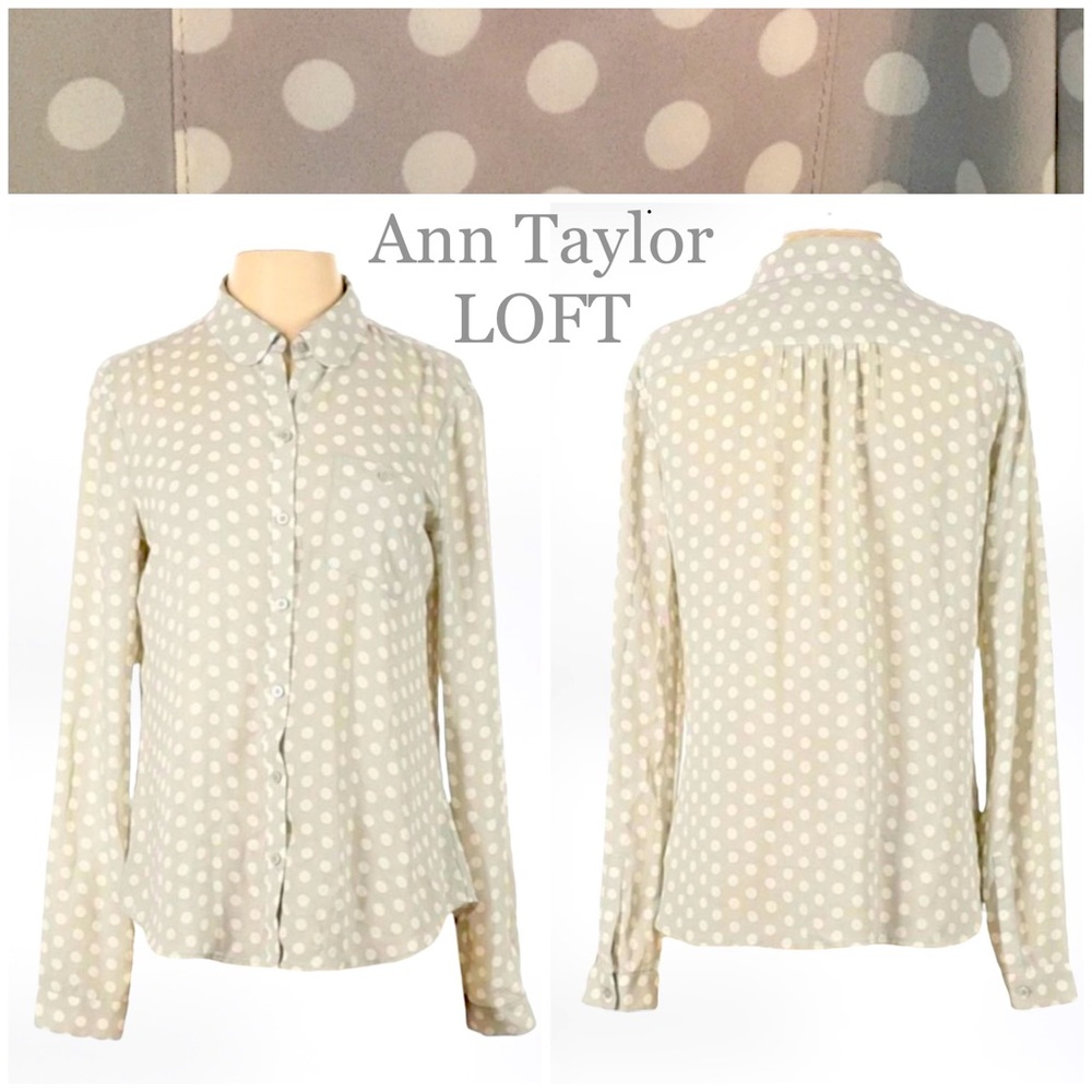 AnnTaylor LOFT Cute & Trendy Polka Dot Collar Button Down Gray/White Blouse SZ L